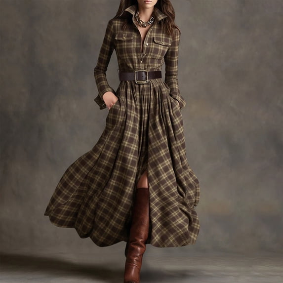 LEKWK Shirts Dresses for Women Long Sleeve Button Down Maxi Dress with Belted Pockets A Line Dress Fall Plaid Print Elegant Casual Office Wear