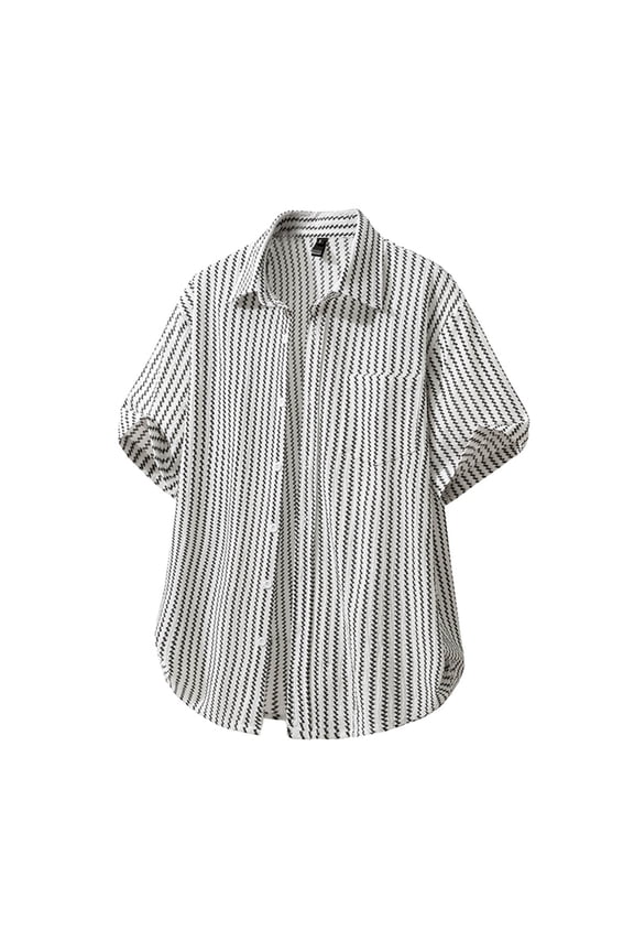 Shirts for Men Vertical Stripe Print Short Sleeve Work Shirts Casual Trendy Button Down Tops with Chest Pocket Loose Fit Beach Summer Shirts White S