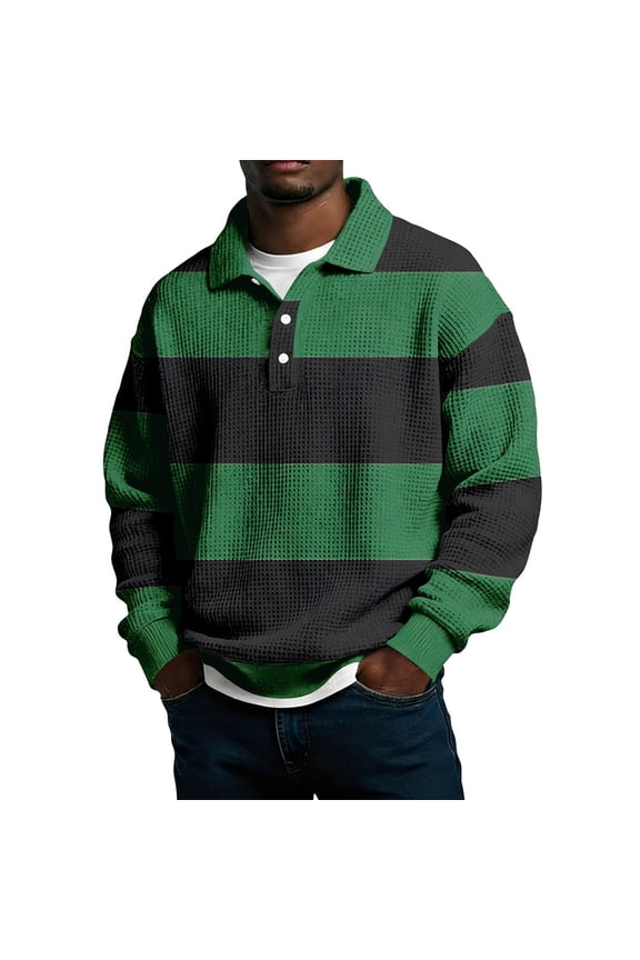 Shirts for Men Striped Waffle-Knit Texture Long Sleeve Shirts Lapel Collar Casual Shirts Vintage Preppy Style Rugby Golf Casual Tops