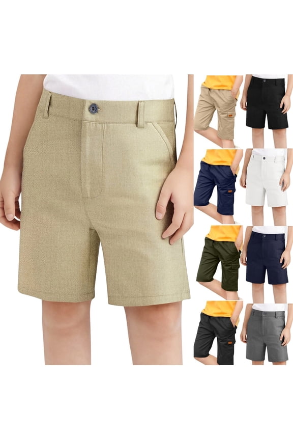 Shorts for Boys with Pockets Flat Front Mid Rise Button Waist School Uniform Shorts Knee Length Straight Fit Dress Shorts Casual Classroom Daily Uniform Bottoms Beige 3-4Years