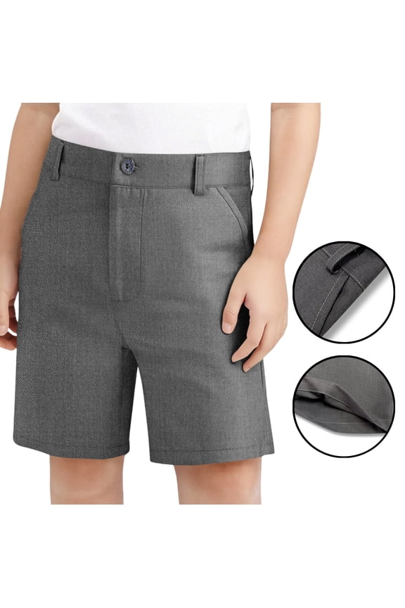 Shorts for Boys with Pockets Flat Front Mid Rise Button Waist School Uniform Shorts Knee Length Straight Fit Dress Shorts Casual Classroom Daily Uniform Bottoms Gray 7-8Years