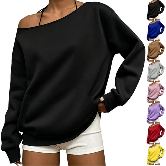 LEKWK Off the Shoulder Sweatshirt for Women Long Sleeve Drop Shoulder Tops Cute Lightweight Fall Oversized Sweatshirt Going Out Tops Workout Activewear