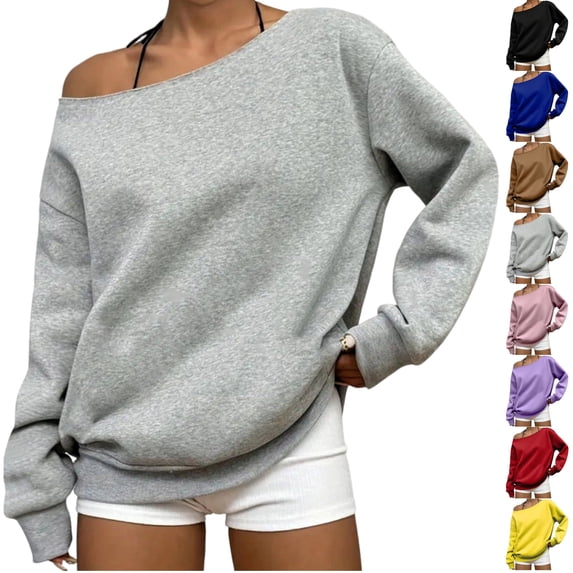 LEKWK Off the Shoulder Sweatshirt for Women Long Sleeve Drop Shoulder Tops Cute Lightweight Fall Oversized Sweatshirt Going Out Tops Workout Activewear