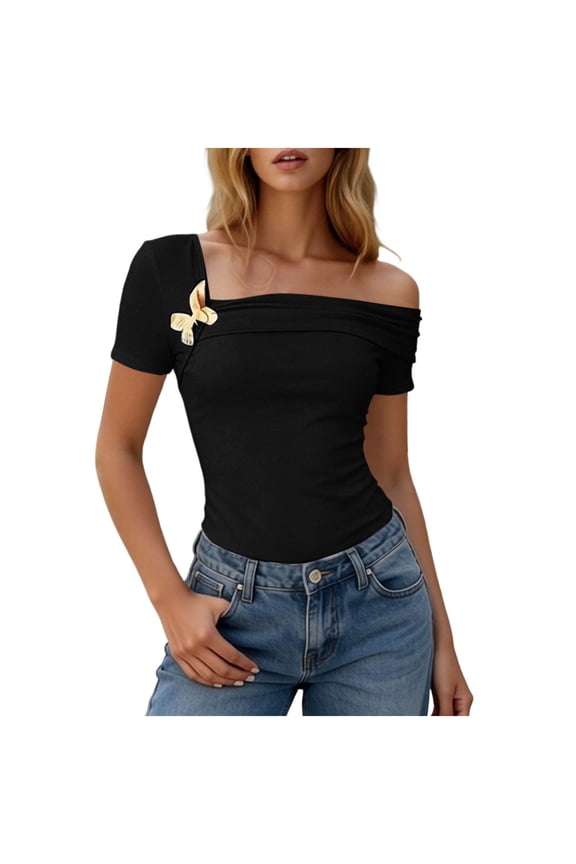 Off the Shoulder Tops for Women Cap Short Sleeve Ruched Casual Crop Shirts Slim Fit Stretchy Solid Comfy T-Shirt Y2K Summer Fashion Going Out Tops