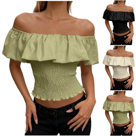 LEKWK Off the Shoulder Tops for Women Ruffle Short Sleeve Smocked Peasant Blouses Slim Fit Going Out Crop Tops Summer Fashion Beach Vacation Daily Outfits