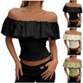 thumbnail image 1 of LEKWK Off the Shoulder Tops for Women Ruffle Short Sleeve Smocked Peasant Blouses Slim Fit Going Out Crop Tops Summer Fashion Beach Vacation Daily Outfits, 1 of 7