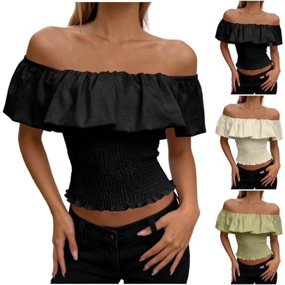 LEKWK Off the Shoulder Tops for Women Ruffle Short Sleeve Smocked Peasant Blouses Slim Fit Going Out Crop Tops Summer Fashion Beach Vacation Daily Outfits