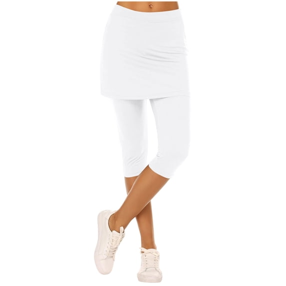 LEKWK Skirted Leggings for Women Tummy Control Pull on High Waisted Tennis Skorts with Pockets Stretchy Fitted Capri Length Athletic Skirt Tennis Workout Summer Daily Wear White M