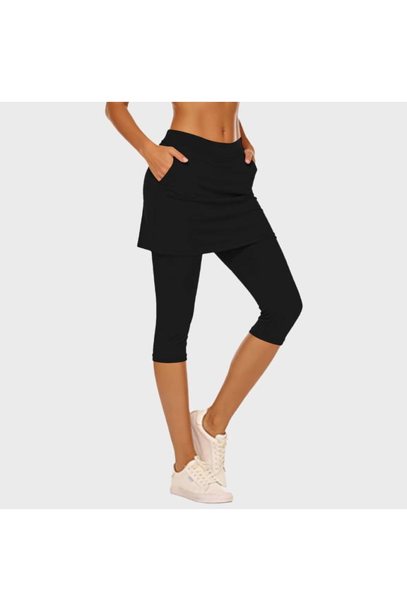 Skirted Leggings for Women 2 in 1 Capri Leggings Side Pockets Yoga Pants High Waist Tennis Skirt Soft Athletic Gym Golf Running Skort Wear
