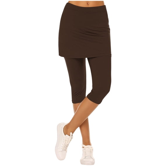 LEKWK Skirted Leggings for Women Solid High Waist Capri Leggings 2 in 1 Modest Yoga Pants Stretchy Gym Leggings Athletic Workout Tennis Golf Skorts