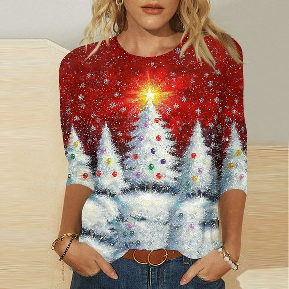 LEKWK Snowman Tshirt Women Xmas Tree Crew Neck 3/4 Sleeve Tops Funny Xmas Shirts for Women Casual Sequin Christmas Tops for Women