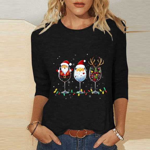 LEKWK Sparkly Christmas Tops for Women Xmas Tree Crew Neck 3/4 Sleeve Tshirts Xmas Shirts for Women Merry Christmas Flannel Shirt Women