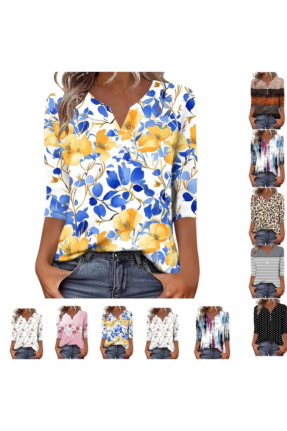 Spring Tops for Women Yellow Floral V Neck 3/4 Sleeve Dressy Tops Blue Flower Print Button up Cute Garden Party Tunic