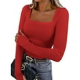 thumbnail image 1 of LEKWK Square Neck Tops for Women Long Sleeve Ribbed Knit Going out Tops Slim Fit Fitted Tops Low Cut Plain Club Date Night outfits, 1 of 8