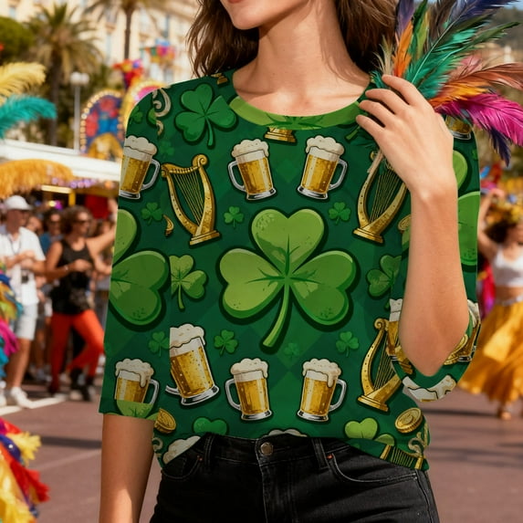 LEKWK St Patricks Day Shirt Beer Mug Irish Harp Argyle Round Neck 3/4 Sleeve Casual Tops Green Diamond Pattern Pub Party Tee