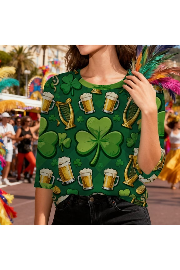 St Patricks Day Shirt Beer Mug Irish Harp Argyle Round Neck 3/4 Sleeve Casual Tops Green Diamond Pattern Pub Party Tee