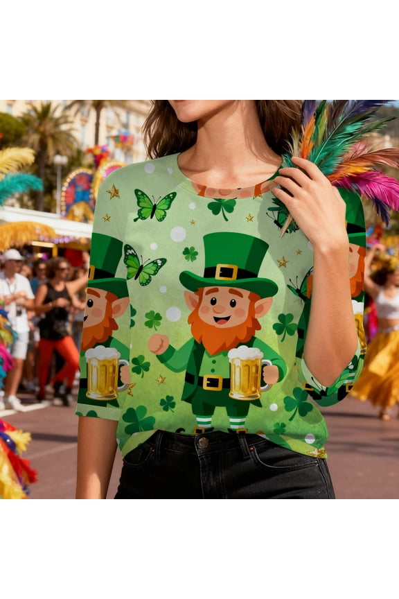 St Patricks Day Shirt Gold Celtic Knot Shamrock Round Neck 3/4 Sleeve Vintage Tees Traditional Irish Totem Graphic Tunic