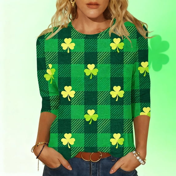 LEKWK St Patricks Day Shirt White Striped Shamrock Round Neck 3/4 Sleeve Casual Tops Clover Graphic Splice Festival Tee