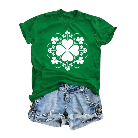 LEKWK St Patricks Day Shirt Women Clover Mandala Art Casual Tops Short Sleeve Basic Tees Crew Neck Geometric Flower Spring Clothing