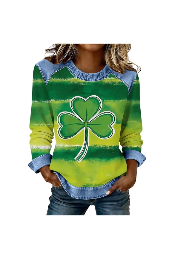 St Patricks Day Shirt Women Horizontal Striped Clover Novelty Tops Raglan Sleeve Graphic Tees Waffle-Knit Holiday Clothing
