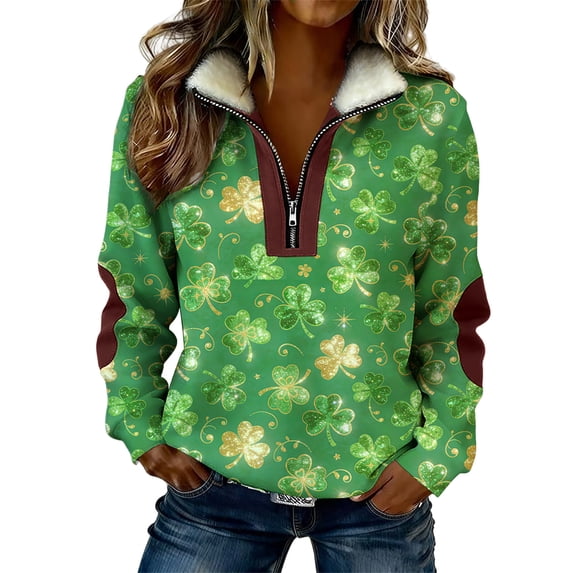 LEKWK St Patricks Day Shirt Women Shamrock Sparkle Print Pullover Tops Quarter Zip Sweater Tops Fleece Lined Collar Holiday Outfits
