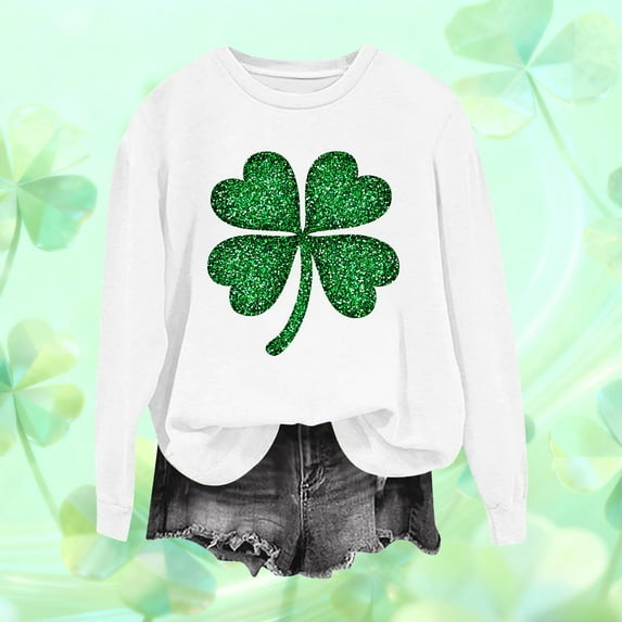 LEKWK St Patricks Day Shirt Women Sparkly Print Crewneck Sweatshirts Long Sleeve Graphic Tees Green Glitter Effect Clover Outfits