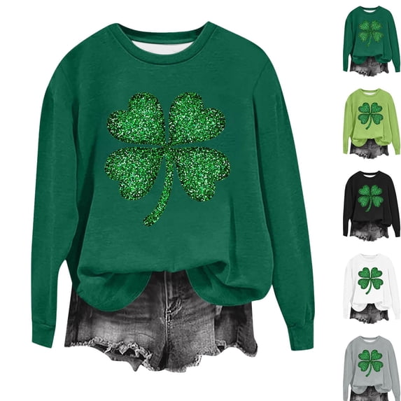 LEKWK St Patricks Day Shirt Women Sparkly Print Crewneck Sweatshirts Long Sleeve Graphic Tees Green Glitter Effect Clover Outfits