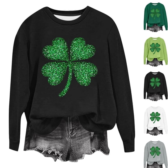 LEKWK St Patricks Day Shirt Women Sparkly Print Crewneck Sweatshirts Long Sleeve Graphic Tees Green Glitter Effect Clover Outfits