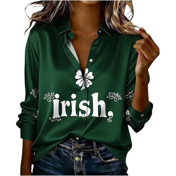 LEKWK St Patricks Day Shirt Women Striped Clover Print Blouses & Button-Down Shirts Lapel Collar Casual Tops Color Block Holiday Outfits