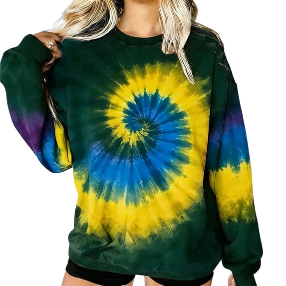 LEKWK St Patricks Day Shirt Women Tie-Dye Spiral Pattern Graphic Tees Crew Neck Casual Tops Colorful Swirl Festival Wear Long Sleeve Tops Boho Outfits