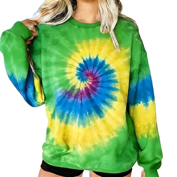 LEKWK St Patricks Day Shirt Women Tie-Dye Spiral Pattern Graphic Tees Crew Neck Casual Tops Colorful Swirl Festival Wear Long Sleeve Tops Boho Outfits