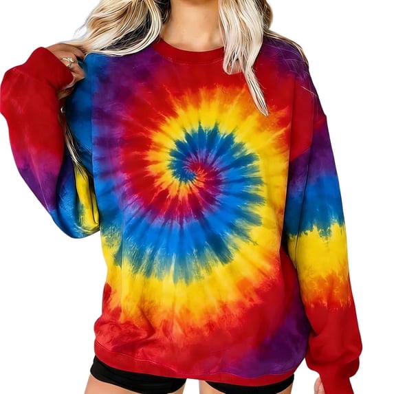 LEKWK St Patricks Day Shirt Women Tie-Dye Spiral Pattern Graphic Tees Crew Neck Casual Tops Colorful Swirl Festival Wear Long Sleeve Tops Boho Outfits