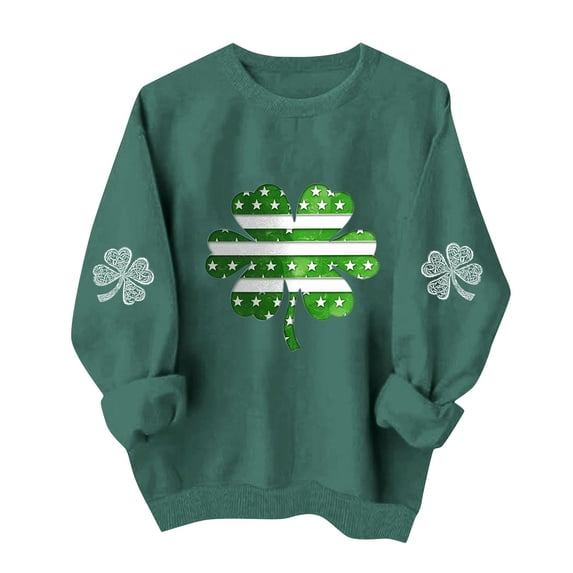 LEKWK St.Patricks Day Shirts Women Regular Fit Crew Neck Sweatshirts Long Sleeve Tops Distressed American Flag Shamrock Print Casual Wear