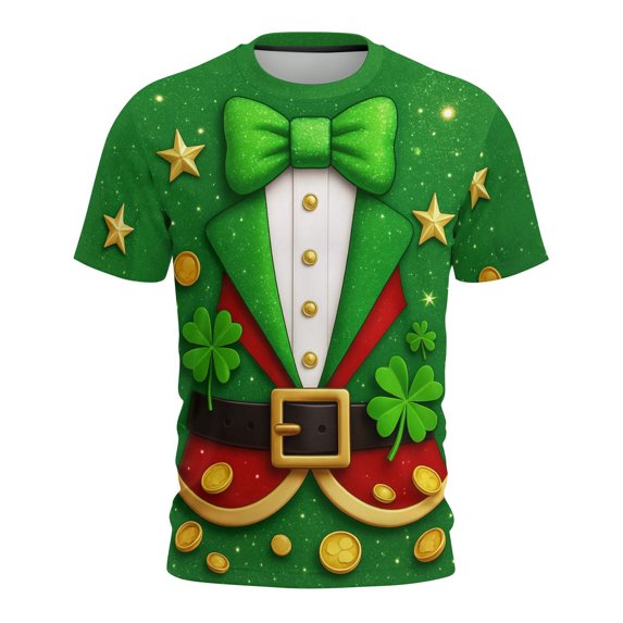 LEKWK St Patricks Day Tops for Women Neon Suit Lights Print Graphic Tees Crew Neck Party Tops 3D Coin Pattern Festival Wear