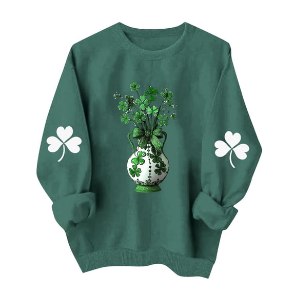 LEKWK St Patricks Day Women Leopard Print Hearts Long Sleeve Tops Crew Neck Sweater Tops Casual Tops Plaid Pattern Lounge Wear