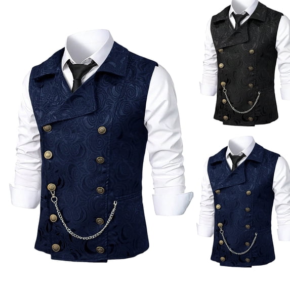LEKWK Steampunk Vests for Men Double Breasted Gothic Waistcoat Lapel Collar Jacquard Gilet Victorian Medieval Cosplay Party Prom Wedding Slim Fit Tuxedo
