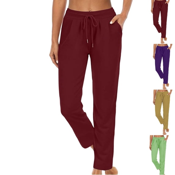LEKWK Straight Leg Yoga Pants for Women Drawstring Yoga Pants with Pockets High Waist Loose Yoga Pants Stretchy Lounge Casual Athletic Work Trousers