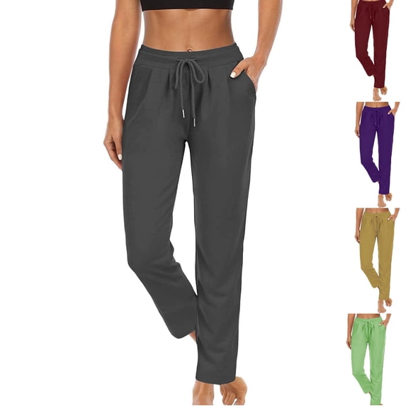 LEKWK Straight Leg Yoga Pants for Women Drawstring Yoga Pants with Pockets High Waist Loose Yoga Pants Stretchy Lounge Casual Athletic Work Trousers