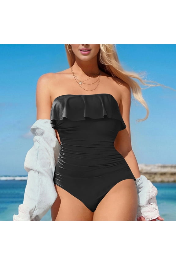 Strapless One Piece Swimsuits for Women Ruffle Trim Bandeau Bathing Suit Ruched Tummy Control Slimming Monokini Vintage Summer Beach Swimwear