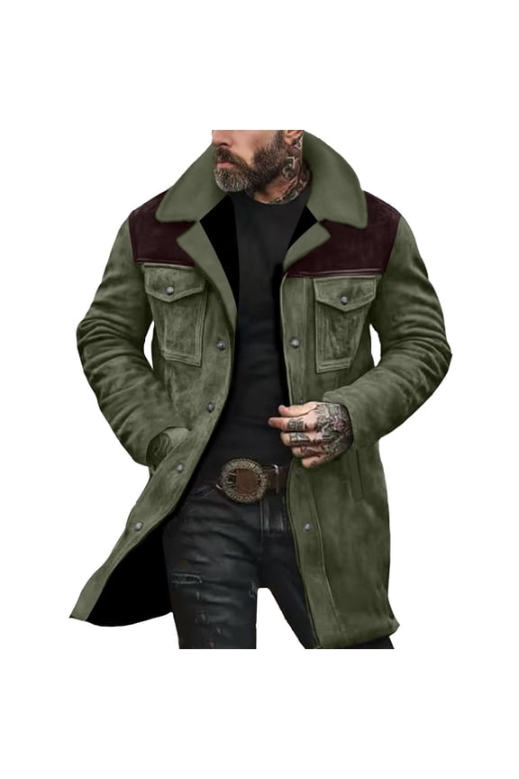 Suede Jacket Men Western Jackets Vintage Cowboy Reversed Collar Outdoor Long Coat Zip Up Casual Winter Motorcycle Jackets