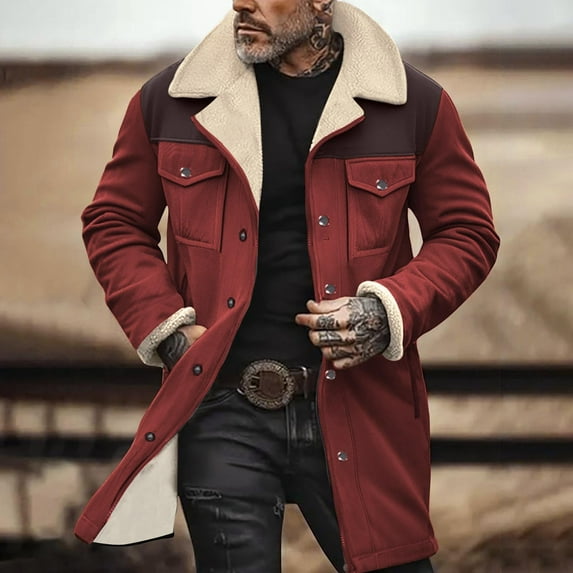 LEKWK Suede Jacket Men Western Jackets Vintage Cowboy Reversed Collar Outdoor Long Coat Zip Up Casual Winter Motorcycle Jackets