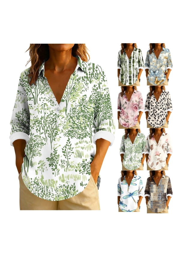 Summer Blouses for Women Botanical Leaf Print Collared V Neck Long Sleeve Casual Tops Sage Green Eucalyptus Pattern Vacation Shirt