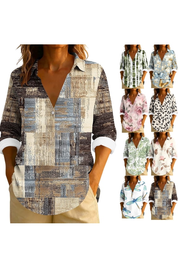 Summer Blouses for Women Botanical Leaf Print Collared V Neck Long Sleeve Casual Tops Sage Green Eucalyptus Pattern Vacation Shirt