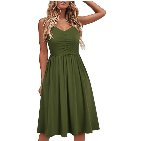 LEKWK Summer Casual Dresses for Women Sleeveless V Neck Spaghetti Strap Midi Dress Ruched Flare Flowy A Line Sundresses Beach Vacation Daily Outfit