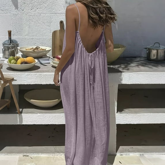 LEKWK Summer Dresses for Women Beach Backless Maxi Dress Spaghetti Strap Low Cut Loose Fit Sundress Vacation Boho Flowy Holiday outfits
