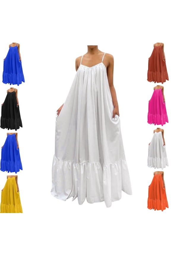 Summer Dresses for Women Casual Spaghetti Strap Sundress Loose Fit Sleeveless Maxi Dress Tiered Ruffle Beach Dress Vacation Maternity Wear