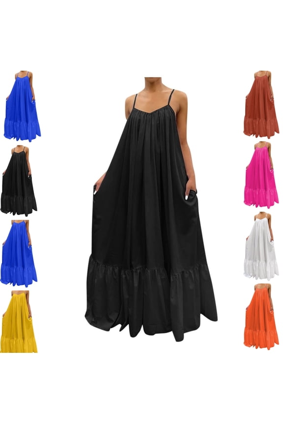 Summer Dresses for Women Casual Spaghetti Strap Sundress Loose Fit Sleeveless Maxi Dress Tiered Ruffle Beach Dress Vacation Maternity Wear