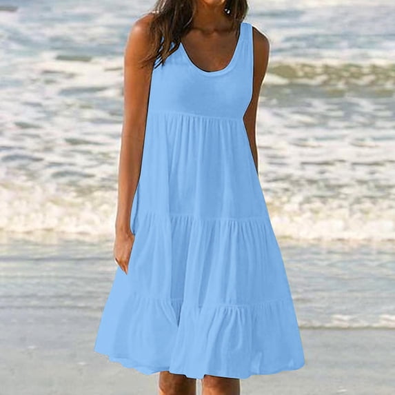 LEKWK Summer Dresses for Women Sleeveless Scooped Neck Midi Dress Tiered Dress Loose Fit Tank Dress Vacation Dress Beach Sundress Daily Party Wear