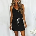 thumbnail image 1 of LEKWK Summer Dresses for Women Sleeveless V Neck Mini Dress Drawstring Waist Dress Pockets Casual Short Dress Spaghetti Strap Beach Vacation Sundress, 1 of 5