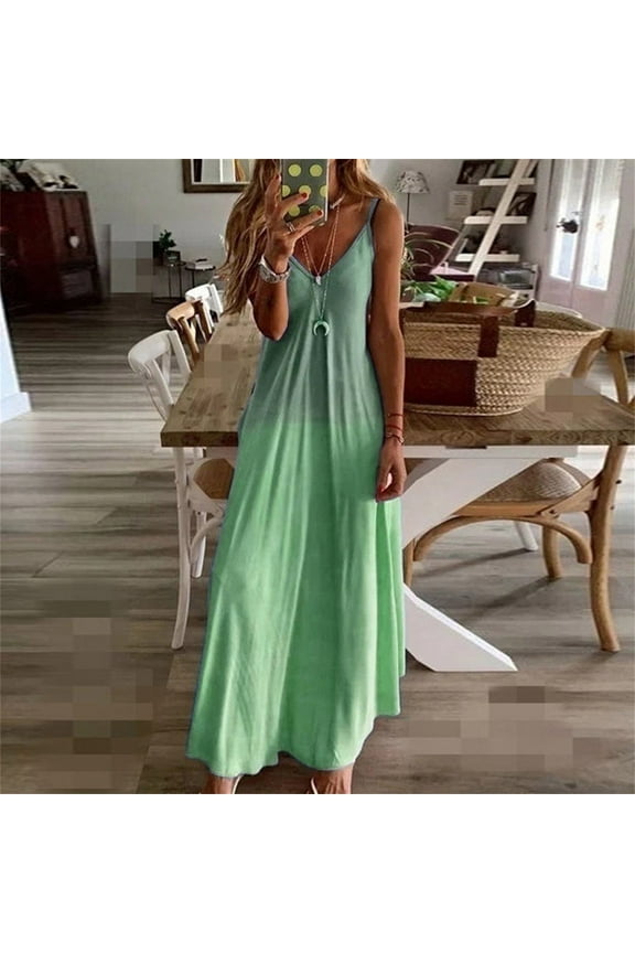 Summer Dresses for Women Spaghetti Strap V Neck Maxi Dress Sleeveless Ombre Print Long Dresses Loose Fit Beach Vacation Boho Resort Wear